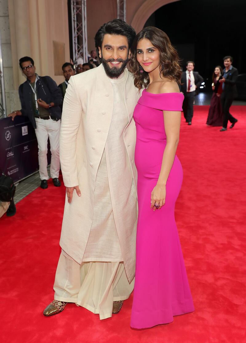 DUBAI, UNITED ARAB EMIRATES - DECEMBER 08:  Ranveer Singh and Vaani Kapoor attend the Befikre red carpet during day two of the 13th annual Dubai International Film Festival held at the Madinat Jumeriah Complex on December 8, 2016 in Dubai, United Arab Emirates.  (Photo by Neilson Barnard/Getty Images for DIFF)