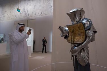 Abu Dhabi, United Arab Emirates- A knights' armour at Furusiyya The Art of Chivalry between East and West, which draws links between knightly traditions of Europe and the Middle East at Louvre Abu Dhabi. Leslie Pableo for The National