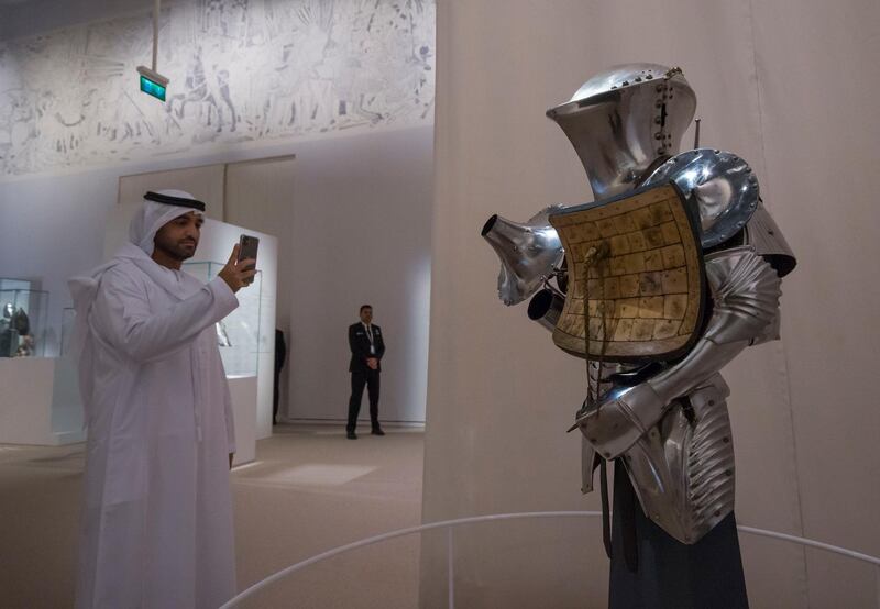 Abu Dhabi, United Arab Emirates- A knights' armour at Furusiyya The Art of Chivalry between East and West, which draws links between knightly traditions of Europe and the Middle East at Louvre Abu Dhabi.  Leslie Pableo for The National 