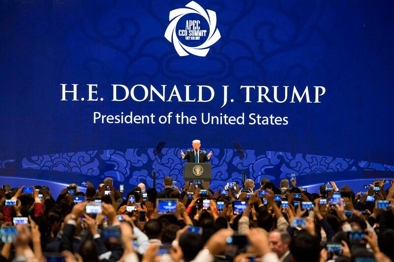 US President Donald Trump speaks on the final day of the APEC CEO Summit, part of the broader Asia-Pacific Economic Cooperation (APEC) leaders' summit. Jim Watson / AFP Photo