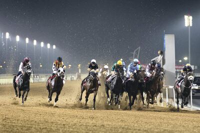 Dubai, United Arab Emirates, November 9, 2017:      Riders and their horses race during the Emirates Airline race during the first race meeting at Meydan Racecourse in Dubai on November 9, 2017. Tadhg O'Shea atop Trinity Force went on to win. Christopher Pike / The National

Reporter: Amith Passela
Section: Sport