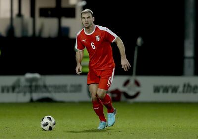 FILE - In this March 27, 2018 file photo, Serbia defender Branislav Ivanovic during the international friendly soccer match between Serbia and Nigeria at The Hive Stadium in London. (AP Photo/Matt Dunham, File)