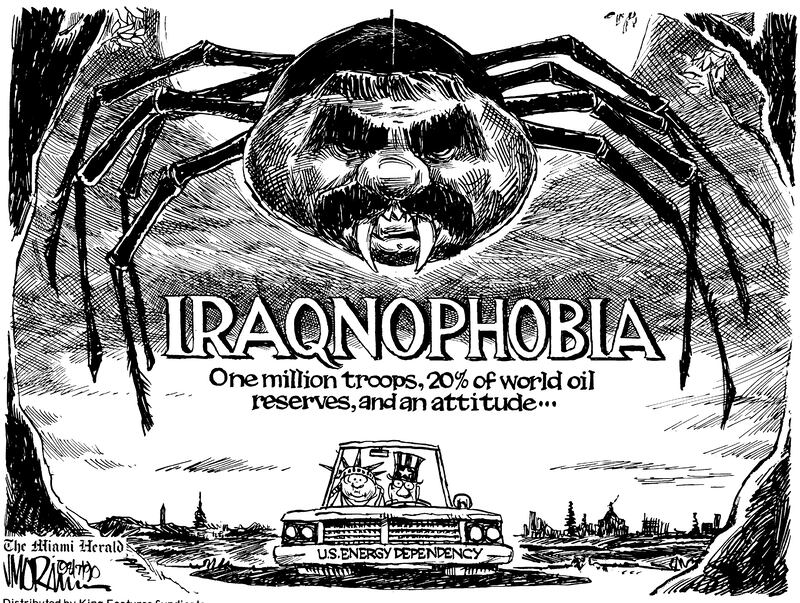 A 1990 cartoon by Mr Morin depicts Saddam Hussein at the time of the Gulf War. The movie 'Arachnophobia' came out the same year.