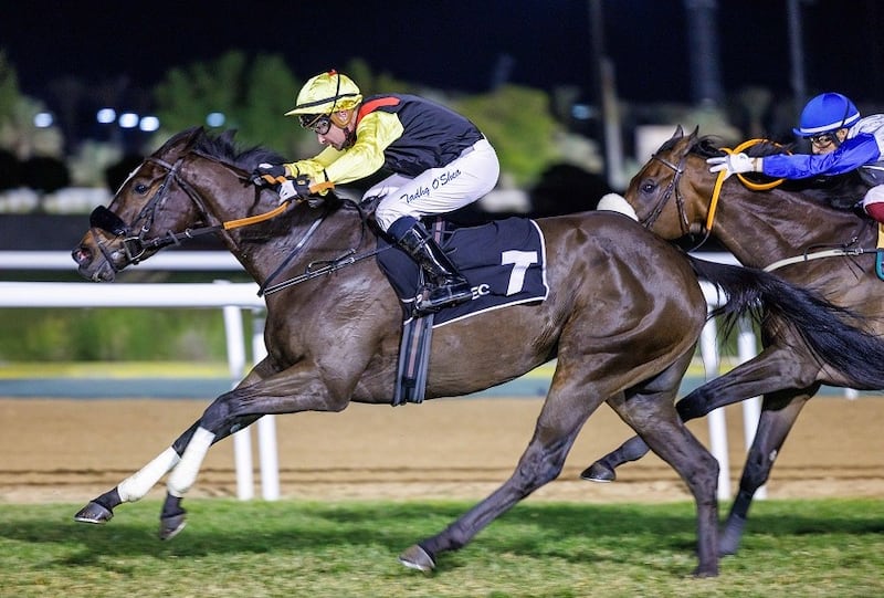 Tadhg O’Shea on Wickywickywheels wins the Listed Abu Dhabi Championship for the thoroughbreds at the capital’s racecourse on Thursday, December 22, 2022. – Adiyat Racing Plus