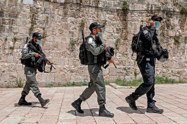 Israeli security forces patrol outside the Al Aqsa mosque compound in Jerusalem's Old City. AFP