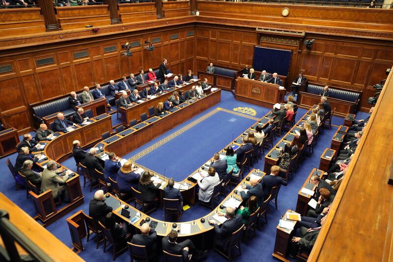 BELFAST, NORTHERN IRELAND - JANUARY 11: A general view of the Northern Ireland Executive Assembly sitting in their chamber room as the power sharing executive returned to power for the first time in three years on January 11, 2020 in Belfast, Northern Ireland. The power sharing executive government has not sat at Stormont in three years after the assembly was dissolved following the resignation of the former Deputy First Minister Martin McGuinness. The two main parties, Sinn Fein and the DUP, agreed to once again nominate First and Deputy First Ministers today. DUP leader Arlene Foster has been appointed as Northern Ireland's First Minister and Deputy Leader of Sinn Fein Michelle O'Neill has been appointed as Northern Ireland's Deputy First Minister.  (Photo by Kelvin Boyes - Pool/Getty Images)