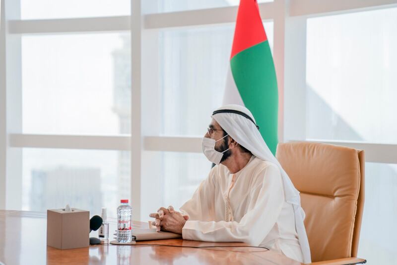 Sheikh Mohammed bin Rashid, Vice President and Ruler of Dubai, meets Marshal Intech, developers of the Ghalib satellite. Courtesy: Dubai Media Office