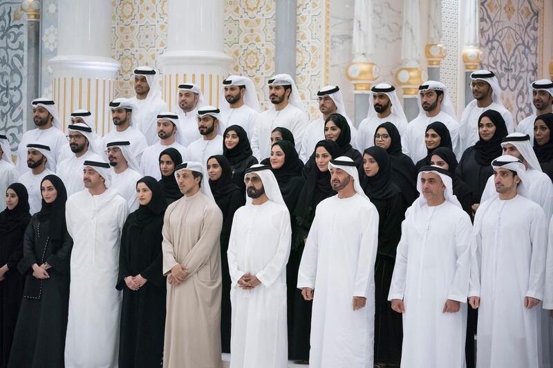 ABU DHABI, UNITED ARAB EMIRATES - January 05, 2020: HH Sheikh Mohamed bin Zayed Al Nahyan, Crown Prince of Abu Dhabi and Deputy Supreme Commander of the UAE Armed Forces (front row 3rd R) and HH Sheikh Mohamed bin Rashid Al Maktoum, Vice-President, Prime Minister of the UAE, Ruler of Dubai and Minister of Defence (front row 4th R), stand for a photograph after signing a piece of the Hope Probe, which will be launched to Mars in July, at Qasr Al Watan. Seen with HH Lt General Sheikh Saif bin Zayed Al Nahyan, UAE Deputy Prime Minister and Minister of Interior (front row 2nd R), HH Sheikh Mansour bin Zayed Al Nahyan, UAE Deputy Prime Minister and Minister of Presidential Affairs (front row 5th R), HE Sarah Yousif Al Amiri, UAE Minister of State for Advanced Sciences (front row 6th R) and HH Sheikh Abdullah bin Zayed Al Nahyan, UAE Minister of Foreign Affairs and International Cooperation (front row 7th R).

( Hamad Al Kaabi / Ministry of Presidential Affairs )
---