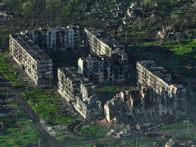 An aerial view of ruins in Bakhmut in April. AP