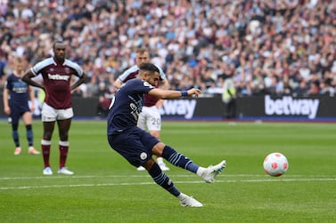 LONDON, ENGLAND - MAY 15: Riyad Mahrez of Manchester City has their penalty saved by Lukasz Fabianski of West Ham United (not pictured) during the Premier League match between West Ham United and Manchester City at London Stadium on May 15, 2022 in London, England. (Photo by Mike Hewitt / Getty Images)