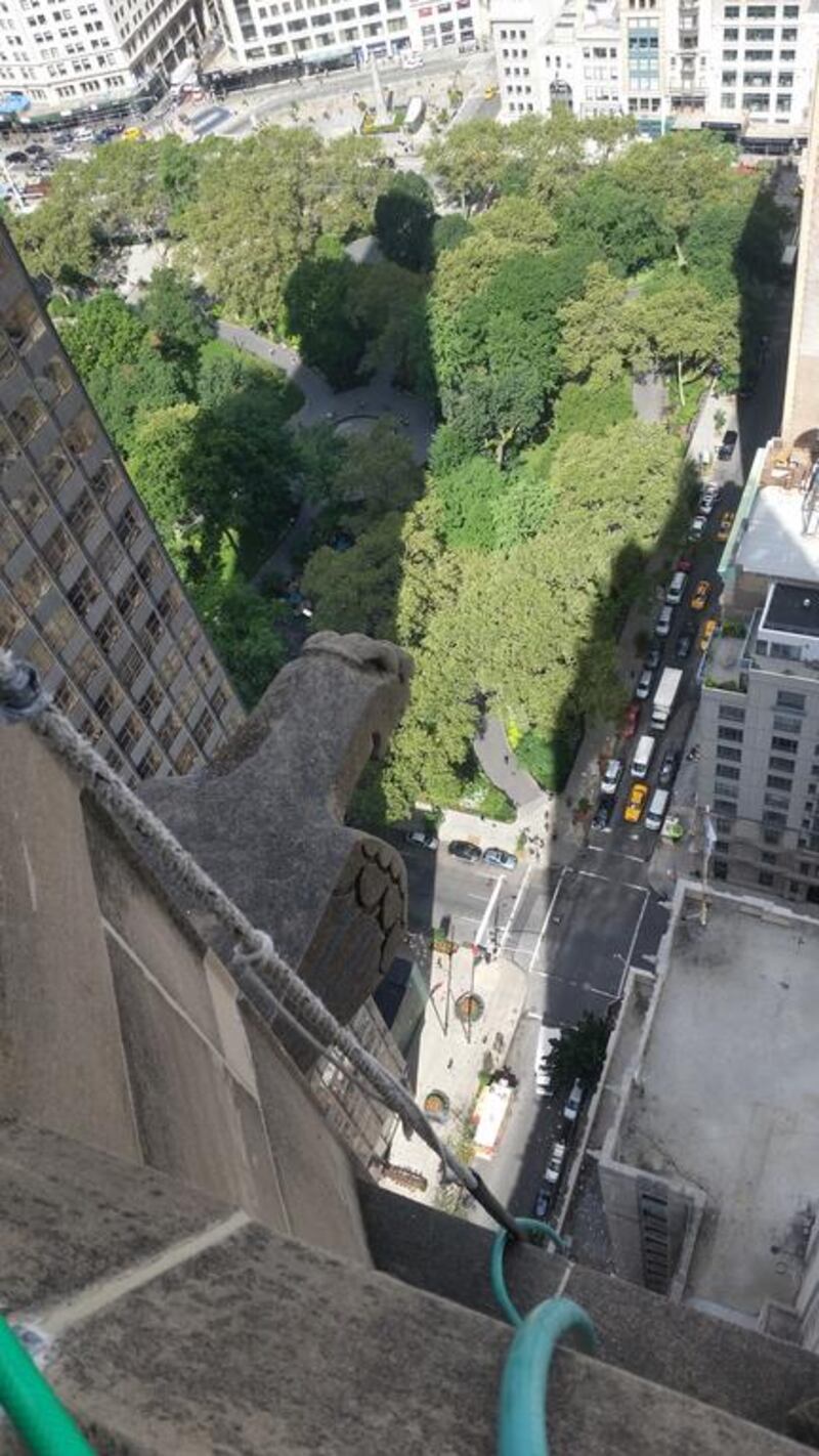 Worksers’ view while rigging a scaffold drop in Flatiron district of Manhattan. John S Moller