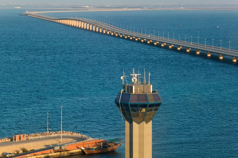 View from observation tower in Bahrain. Causeway links Bahrain and Saudia Arabia. Getty Images