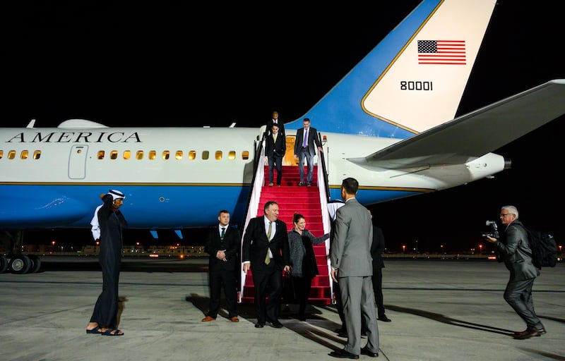 U.S. Secretary of State Mike Pompeo and his wife Susan arrive at Abu Dhabi International Airport in Abu Dhabi, United Arab Emirates, Friday, Jan.  11, 2019. (Andrew Caballero-Reynolds/Pool Photo via AP)