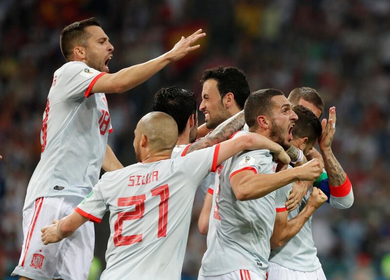 Spain celebrate Nacho's goal. Murad Sezer / Reuters