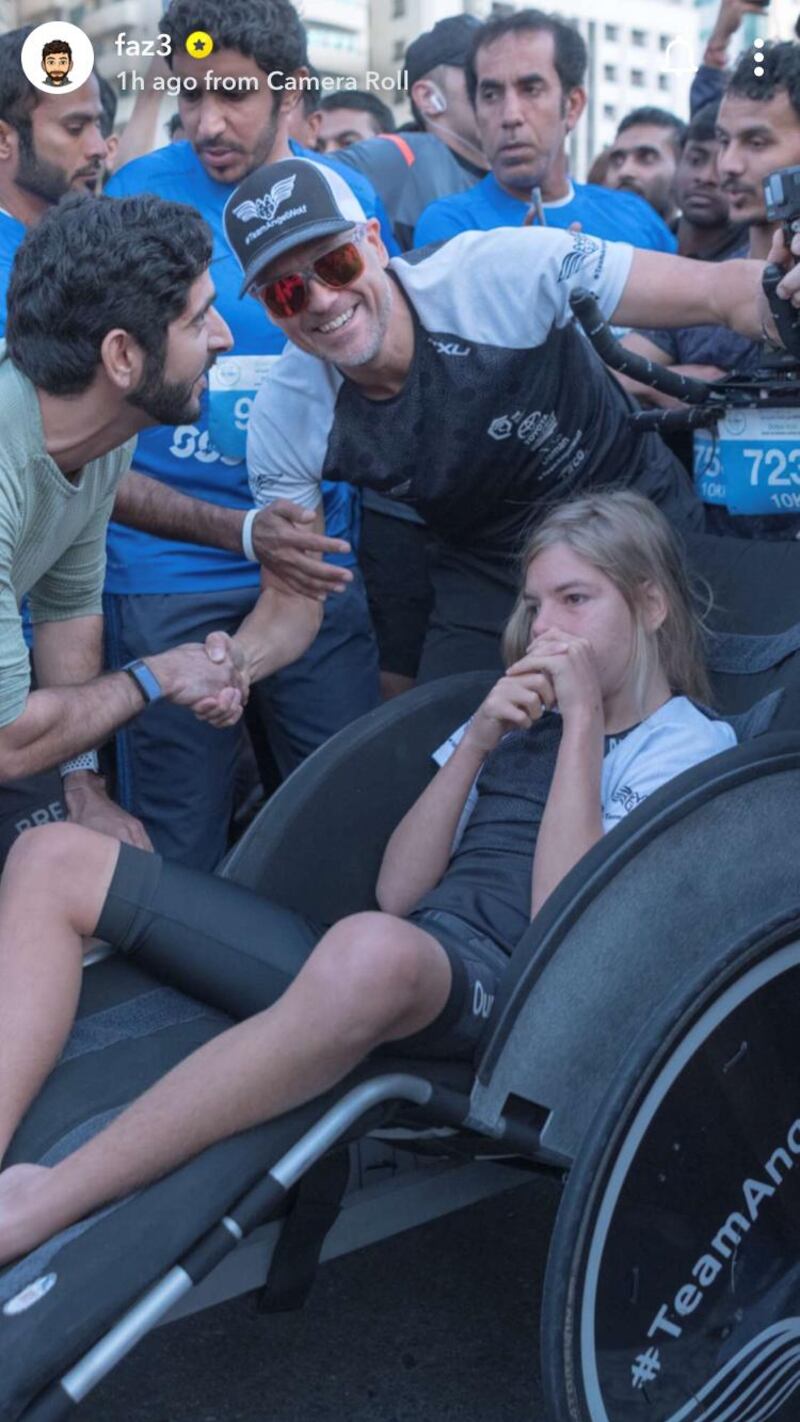 Sheikh Hamdan meets participants at the Dubai Run in 2019.