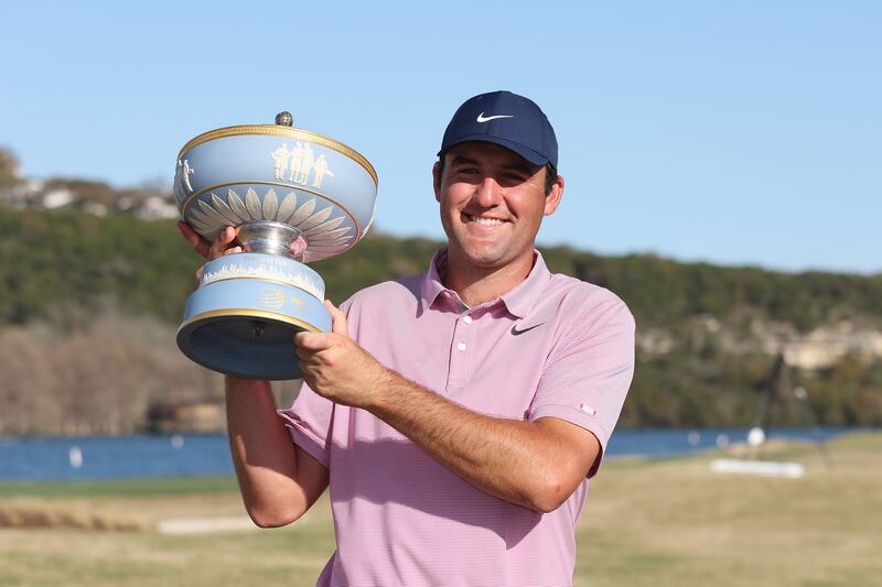 Scottie Scheffler poses with the Walter Hagen Cup after defeating Kevin Kisner in the final of the WGC-Dell Technologies Match Play. Getty