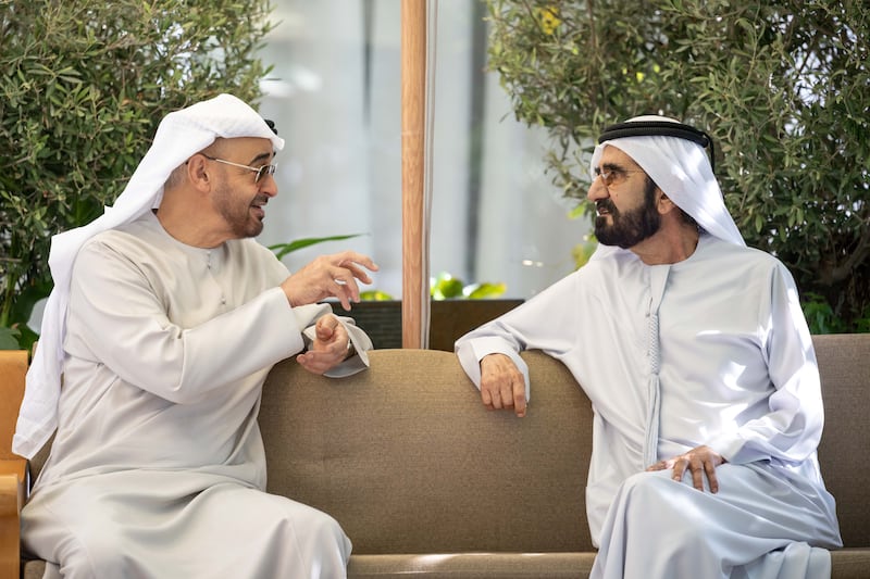 President Sheikh Mohamed meets Sheikh Mohammed bin Rashid, Vice-President and Ruler of Dubai, at Al Marmoom in Dubai. Photos: UAE Presidential Court 