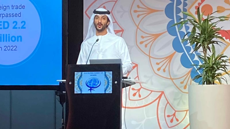 Abdullah bin Touq, Minister of Economy, speaks at the Global Summit of Women in Dubai. Photo: Global Summit of Women 2023
