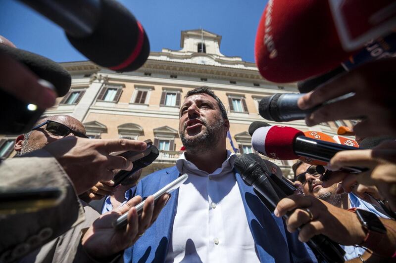 epa07784145 Italian Deputy Premier, Interior Minister and League leader Matteo Salvini addresses the media outside the Lower House in Rome, Italy, 21 August 2019. Salvini said that 'any government that is born will be a government against the League' and reiterated that he had pulled the plug on the government with the M5S because 'there were too many Noes'.  EPA/ANGELO CARCONI