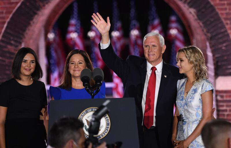 Audrey Pence, Second Lady Karen Pence, US Vice President Mike Pence and Charlotte Pence Bond stand on stage at the end of the third night of the Republican National Convention.   AFP