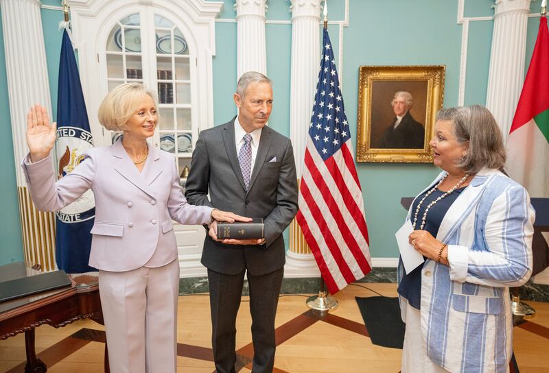 Martina Strong is sworn in as Washington's ambassador to the UAE. Photo: Twitter / @UnderSecStateP