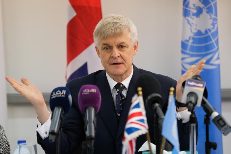 epa07192565 British Ambassador in Jordan Edward Oakden gestures during a joint press conference with the head of the The Department for International Development (DFID) Kate Orrick  and the Director of UNRWA operation in Jordan Roger Davies, at Whedat Refugee camp in the North East of Amman, Jordan, 27 November 2018. United Nations Relief and Works Agency (UNRWA) for Palestine Refugees and the Government of United Kingdom launched a multi-Year Agreement to support UNRWA Syria regional crisis emergency appeal for a total amount of 6.4 million US dollars over the period between 2018-2021.  EPA/ANDRE PAIN