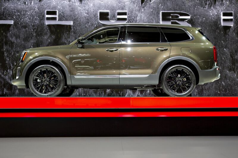 A Kia Motors Corp. 2020 Telluride sports utility vehicle (SUV) sits on display during the 2019 North American International Auto Show (NAIAS) in Detroit, Michigan, U.S., on Tuesday, Jan. 15, 2019. The SUV is the seventh in the Kia lineup as it joins the rush of automakers trying to offer more sport-utility models to entice buyers who have lost interest in traditional sedans. Photographer: Daniel Acker/Bloomberg