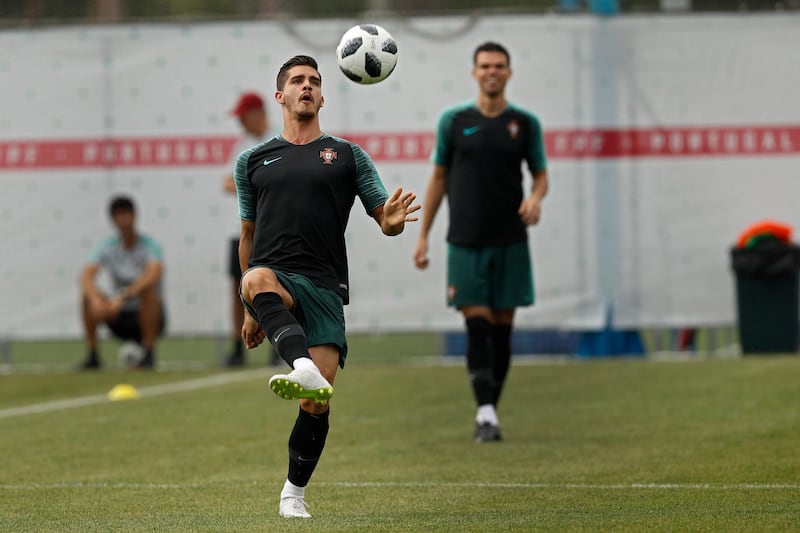 Portugal's Andre Silva plays the ball with teammates during Portugal's official training on the eve of the group B match between Portugal and Morocco at the 2018 soccer World Cup, in Kratovo, outskirts Moscow, Russia, on June 19, 2018. Francisco Seco / AP Photo