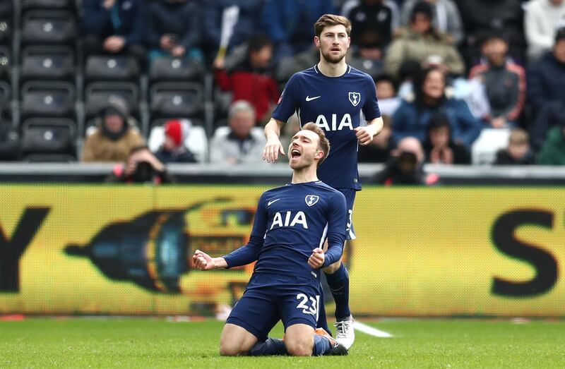 SWANSEA, WALES - MARCH 17:  Christian Eriksen of Tottenham Hotspur celebrates after scoring his sides first goal during The Emirates FA Cup Quarter Final match between Swansea City and Tottenham Hotspur at Liberty Stadium on March 17, 2018 in Swansea, Wales.  (Photo by Catherine Ivill/Getty Images)