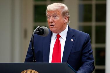 President Donald Trump speaks about the coronavirus in the Rose Garden of the White House, Tuesday, April 14, 2020. AP Photo