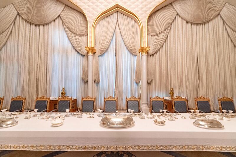 Abu Dhabi, United Arab Emirates - March 11, 2019: The Presidential banquet hall. Exclusive preview and guided tour of Qasr Al Watan, the UAEÕs new cultural landmark. Monday the 11th of March 2019 at Qasr Al Watan, Abu Dhabi. Chris Whiteoak / The National