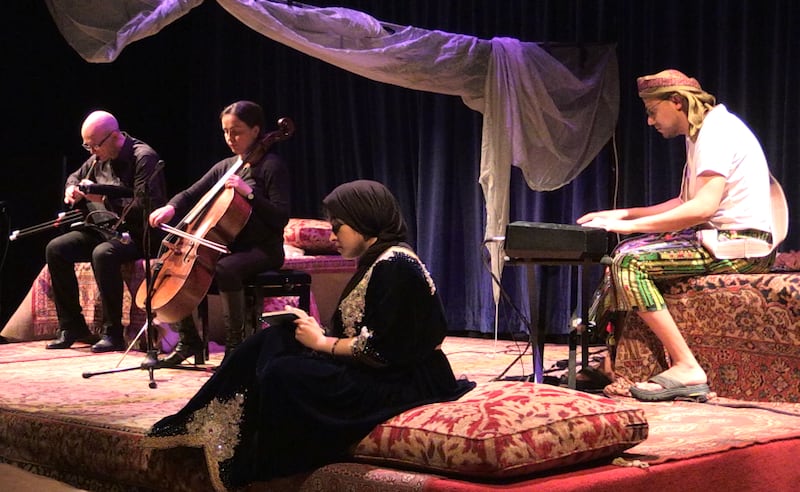 Live music and elements of multimedia add depth to the themes explored in 'Saber Came to Tea'.