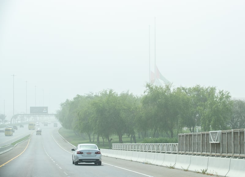 Traffic on the roads in the Ministry of Interior area of Abu Dhabi, during the sandstorm. Victor Besa / The National