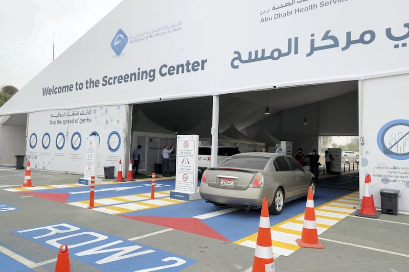 Abu Dhabi, United Arab Emirates - Reporter: Shireena Al Nowais: The new screening drive through for COVID-19. Sunday, March 29th, 2020. Zayed Sports City, Abu Dhabi. Chris Whiteoak / The National