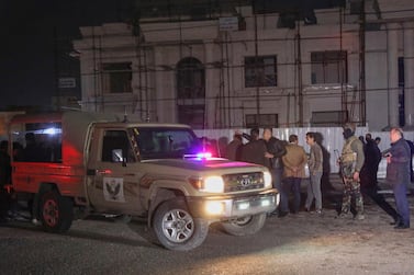 Security forces gather after a rocket attack in Erbil, the capital of the northern Iraqi Kurdish autonomous region, on February 15, 2021. AFP 