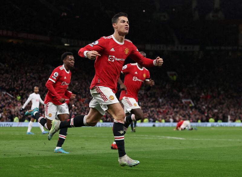 FILE PHOTO: Soccer Football - Premier League - Manchester United v Tottenham Hotspur - Old Trafford, Manchester, Britain - March 12, 2022 Manchester United's Cristiano Ronaldo celebrates scoring their third goal REUTERS/Phil Noble EDITORIAL USE ONLY.  No use with unauthorized audio, video, data, fixture lists, club/league logos or 'live' services.  Online in-match use limited to 75 images, no video emulation.  No use in betting, games or single club /league/player publications.   Please contact your account representative for further details.      TPX IMAGES OF THE DAY / File Photo