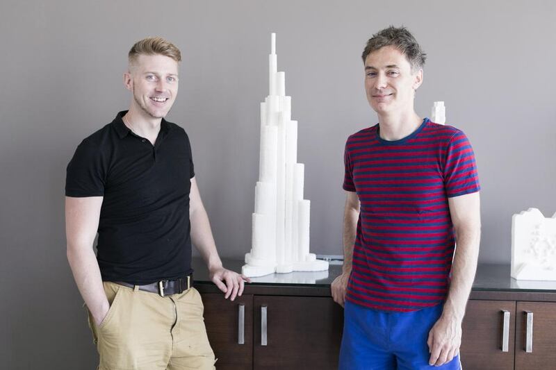 Mark Revels, left, and Brendan Jamison with their  model of the Burj Khalifa. Reem Mohammed / The National
