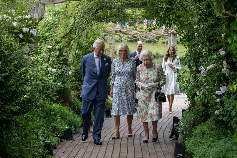 Prince Charles, Camilla, Duchess of Cornwall, Queen Elizabeth, Prince William, Duke of Cambridge, and Catherine, Duchess of Cambridge, arrive for a reception at The Eden Project during the G7 Summit in June.