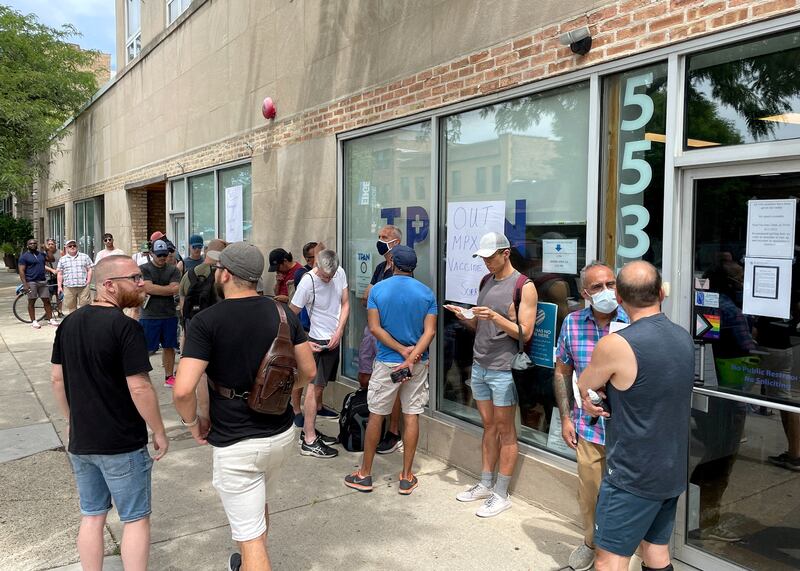 People line up outside the Test Positive Aware Network nonprofit clinic to receive the monkeypox vaccine in Chicago, Illinois. Reuters 