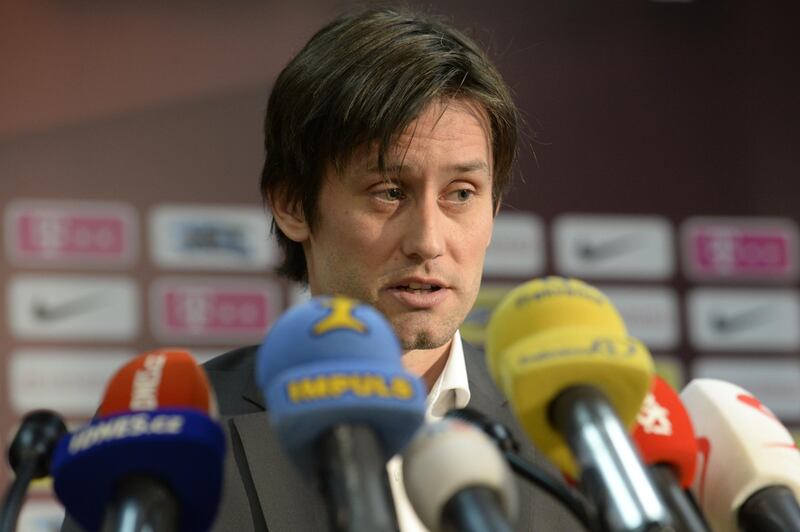 Czech football star Tomas Rosicky announces his retirement during the press conference in Prague, Czech Republic, on Dec. 20, 2017. Rosicky, former Arsenal midfielder, ends his career at age of 37. (Katerina Sulova/ CTK via AP)