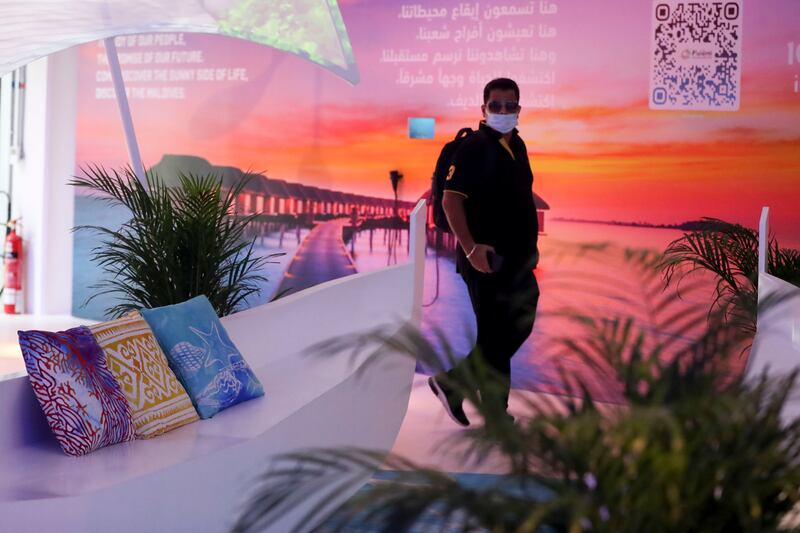 Colourful pictures depict a Maldivian scene in the country's pavilion at Expo 2020 Dubai. Khushnum Bhandari / The National