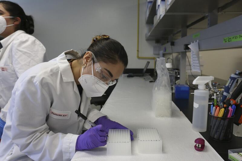 Lab technician Joanna Karely labels a deepwell plate used for holding extracted Covid-19 testing samples, at the UT Health RGV Clinical Lab on the UTRGV campus in Edinburg, Texas. AP Photo