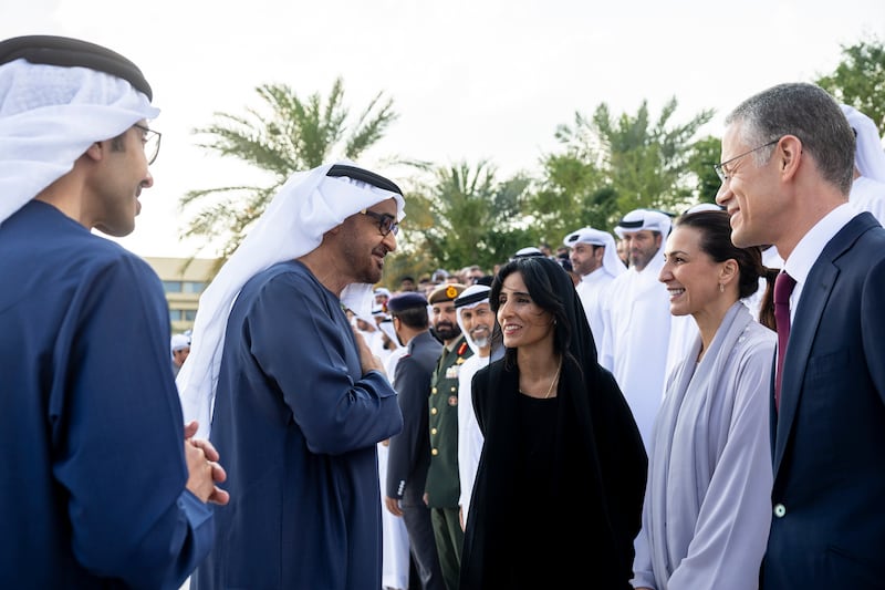 President Sheikh Mohamed greets Razan Al Mubarak, managing director of the Environment Agency Abu Dhabi, and Mariam Al Mheiri, Head of the International Affairs Office in the Presidential Court