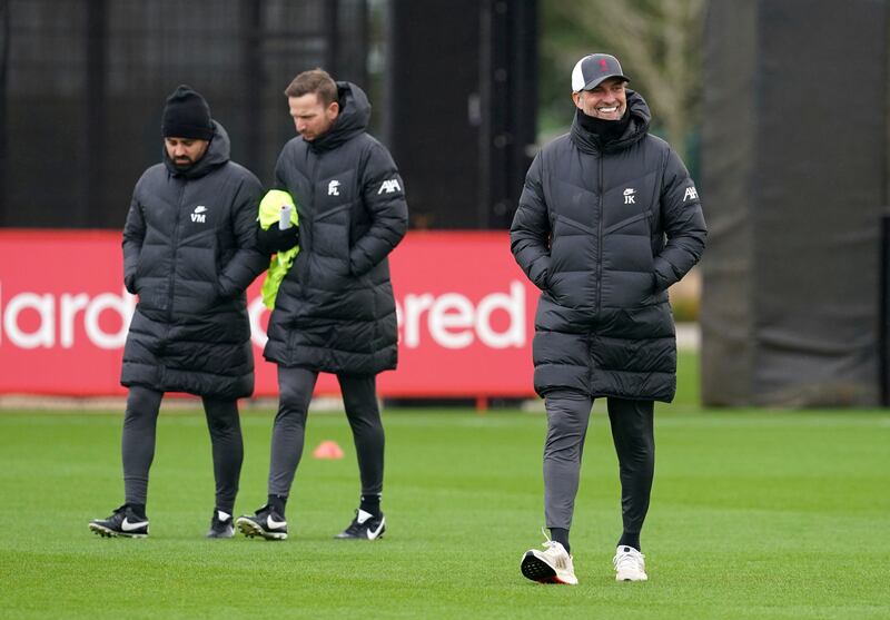 Liverpool manager Jurgen Klopp, right, leads training on Tuesday, February 15, 2022, ahead of Wednesday's Champions League last-16 clash with Inter Milan.  PA