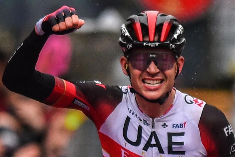 UAE Team Emirates rider Joe Dombrowski celebrates winner Stage 4 of the Giro d'Italia on Tuesday, May 11. AFP