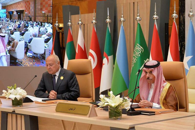 Saudi Foreign Minister Faisal bin Farhan (R) and Arab League Secretary-General Ahmed Aboul Gheit attending the Arab Foreign Ministers Preparatory Meeting ahead of the 32nd Arab League Summit in Jeddah. SPA
