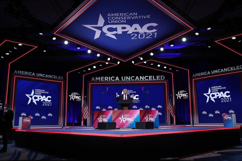 Donald Trump on stage at CPAC in Orlando, Florida. Conservative groups, activists and world leaders attend the annual conference. AFP