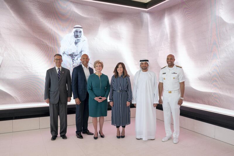 ABU DHABI, UNITED ARAB EMIRATES - March 13, 2019: HE Falah Mohamed Al Ahbabi, Chairman of the Department of Urban Planning and Municipalities, and Abu Dhabi Executive Council Member (2nd R) and Karen Pence, Second Lady of the United States (3rd R), stands for a photograph after exchanging gifts during a reception for the Special Olympics World Games Abu Dhabi 2019, at the Founders Memorial. Seen with Linda McMahon, Administrator of the Small Business Administration (4th R).

( Mohammed Al Hammadi / Ministry of Presidential Affairs )?