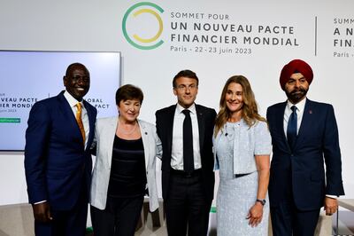 From left, Kenyan President William Ruto, IMF chief Kristalina Georgieva, French President Emmanuel Macron, US philanthropist Melinda French Gates and World Bank president Ajay Banga in Paris. EPA