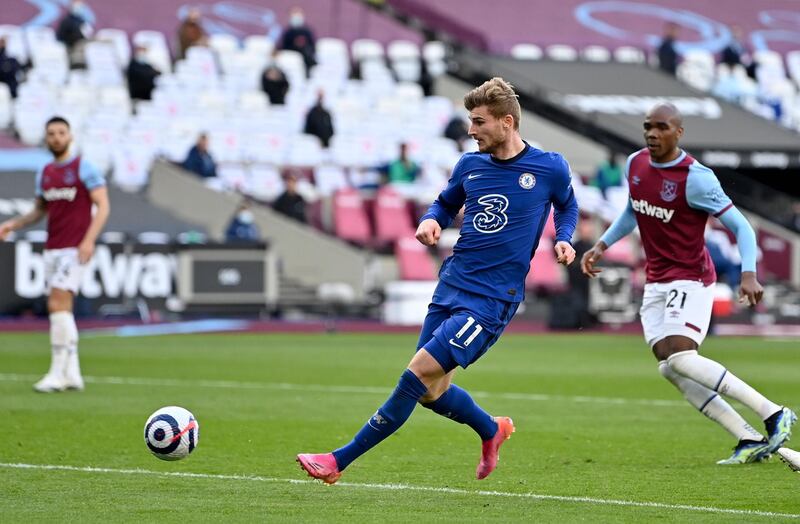Chelsea's Timo Werner scores against West Ham United in London on Saturday, April 24. EPA